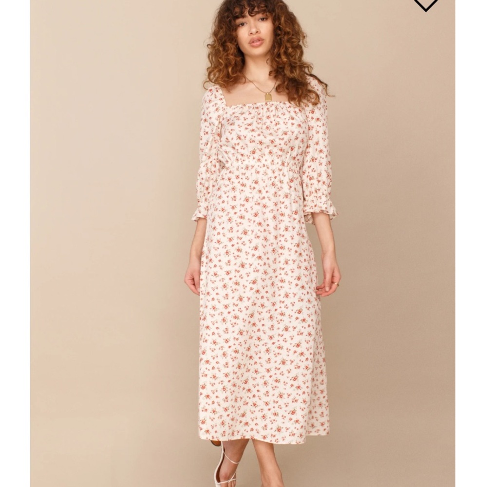 Floral Square-Neck Midi Dress in Cream and Pink